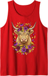 Boho Scottish Highlander Cow Apparel Cute Floral Boho Scottish Highlander Cow Wildflower Graphic Tank Top - Red