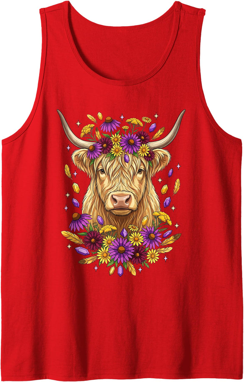 Boho Scottish Highlander Cow Apparel Cute Floral Boho Scottish Highlander Cow Wildflower Graphic Tank Top - Red