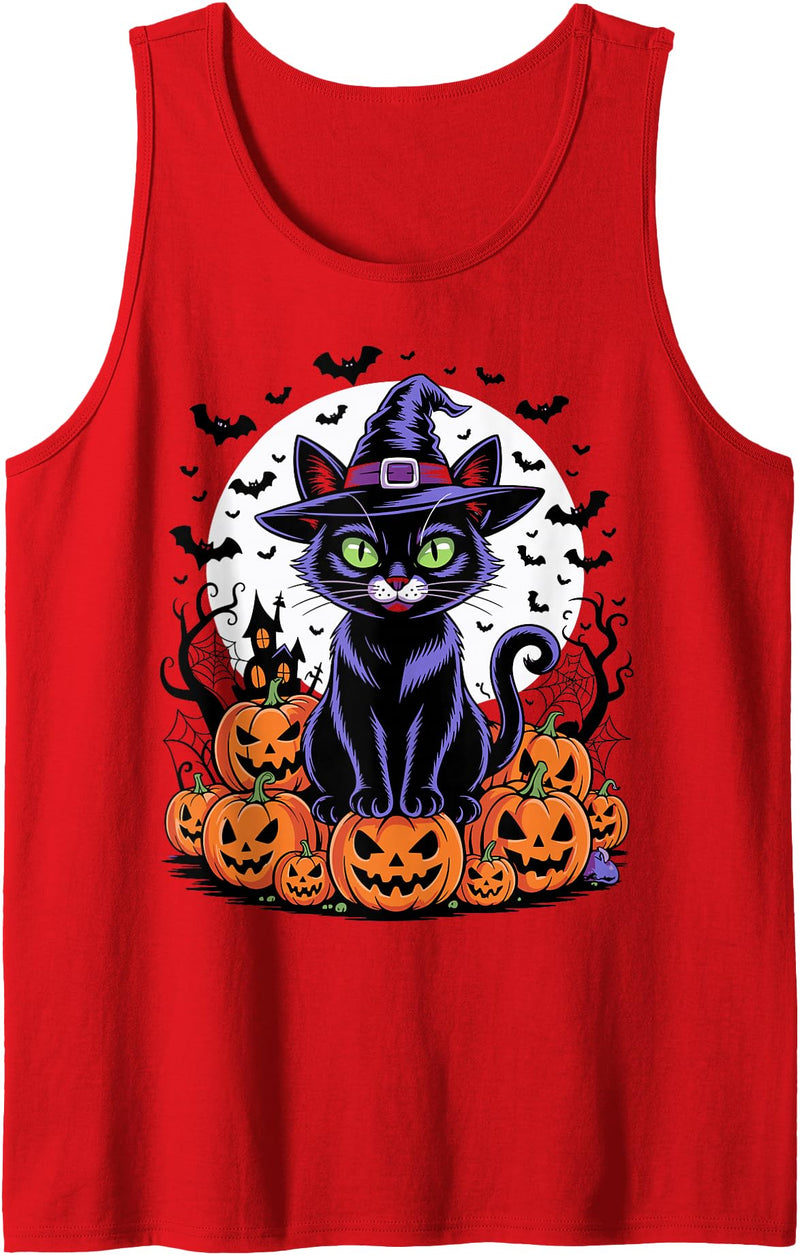 Halloween Cute Ghost Pumpkin Cat Shirt Men Women Vintage Black Cat Halloween Spooky Pumpkins Apparel for Kids Tank Top - Red