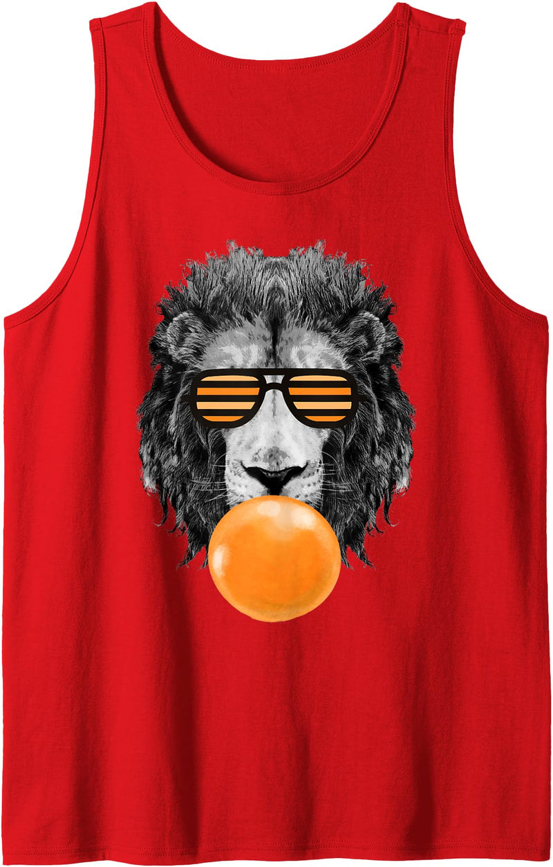 Bubble Gum Animals Lions Face Kids, Women, Men Orange Bubble Gum Lion Stripe Sunglasses Lion Head Tank Top - Red