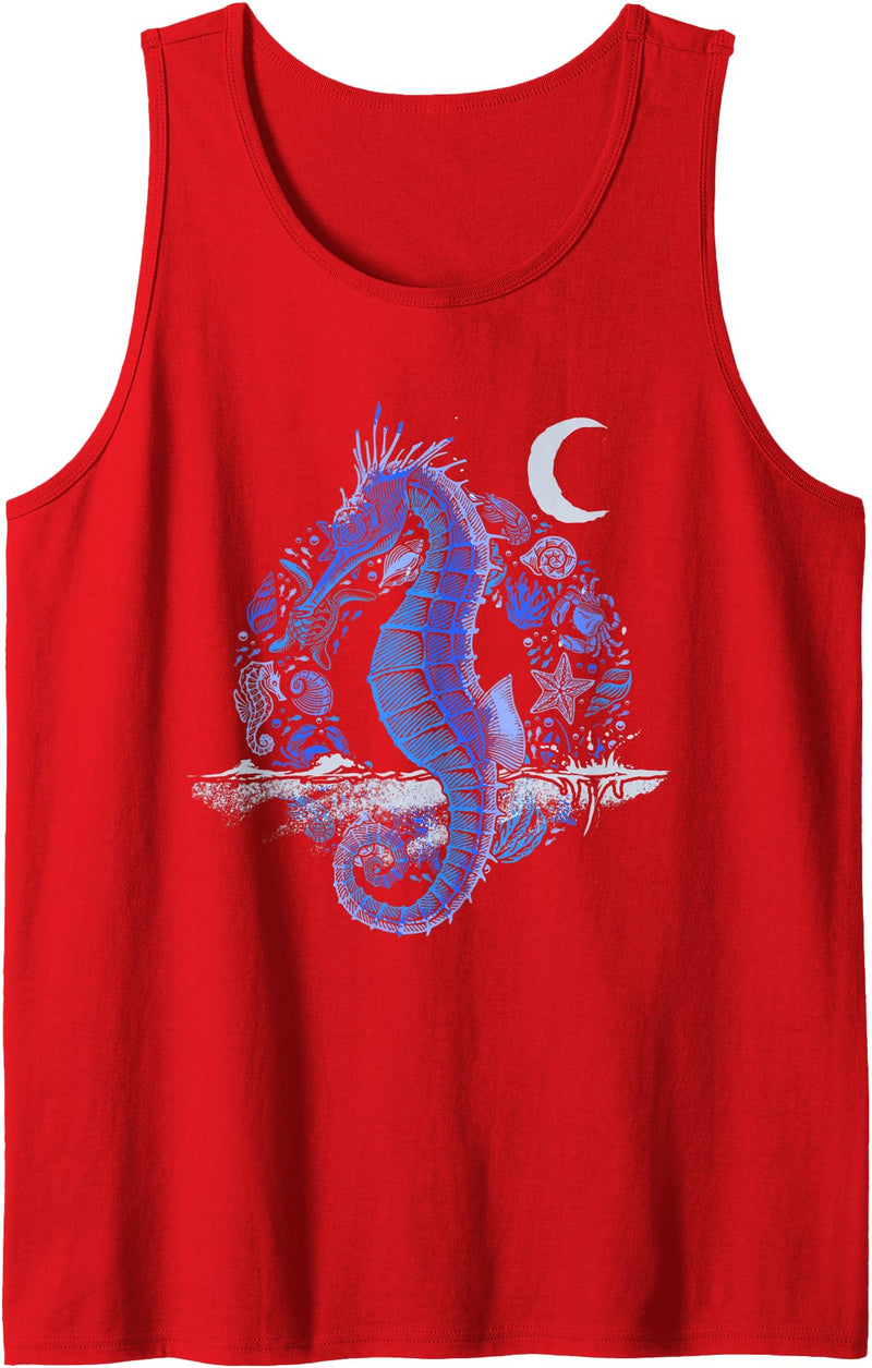 Seahorse Underwater Animal Aquarium Fish Ocean Sea Creature Crescent Moon Underwater Seahorse Tank Top - Red