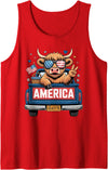 America Highland Cow Fireworks Truck Parade Gifts Patriotic Truck Highland Cow Cute 4th of July American Flag Tank Top - Red