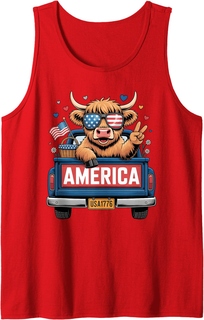 America Highland Cow Fireworks Truck Parade Gifts Patriotic Truck Highland Cow Cute 4th of July American Flag Tank Top - Red