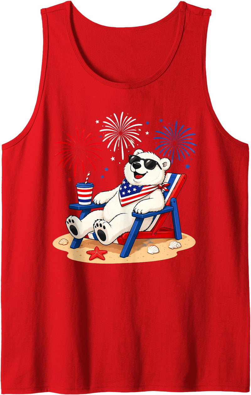 Polar Bear Patriotic Happy Beach Paws Co 4th of July Polar Bear Happy Beach Patriotic Animal Lovers Tank Top - Red