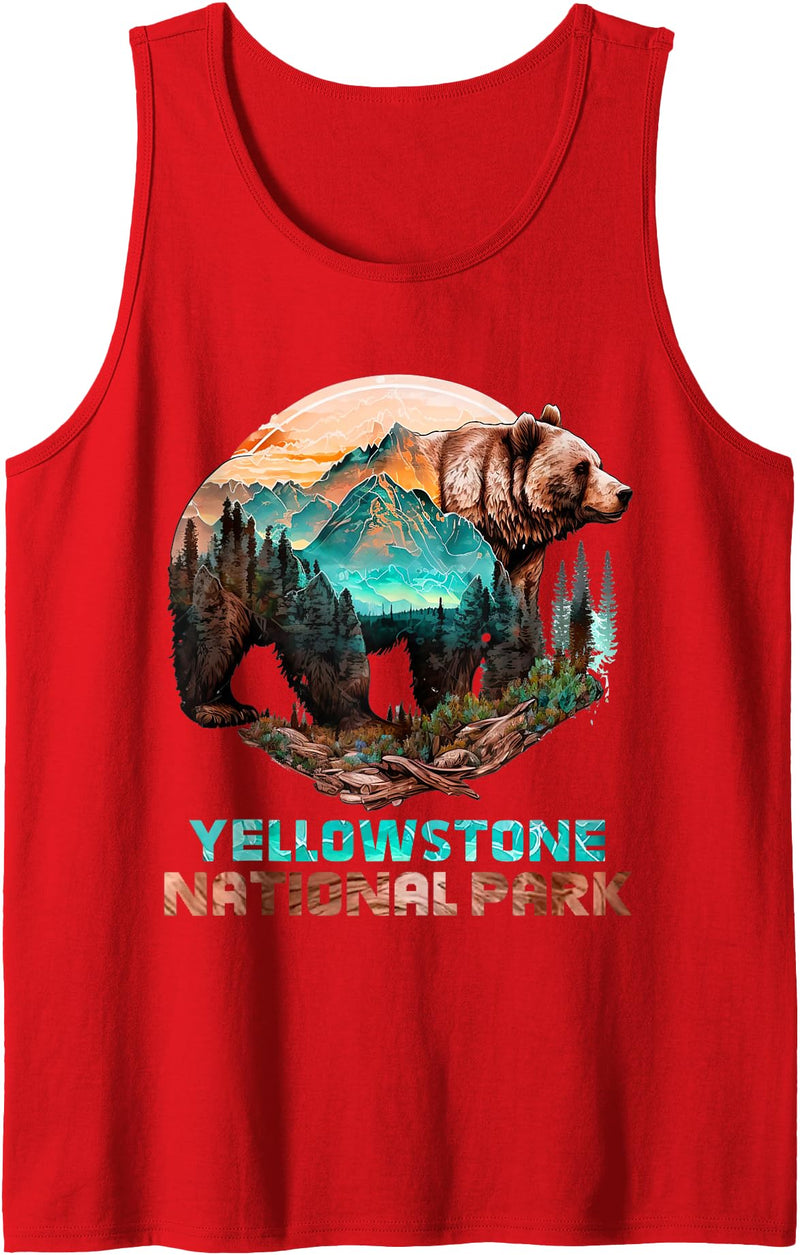 National Parks Vintage-Look & Travel Forest Design Yellowstone National Park Alaska Grizzly Bears Hike Tank Top - Red