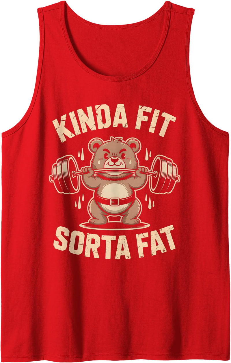 Funny Kinda Fit Sorta Fat Cute Bear Retro Tees Kinda Fit Sorta Fat Funny Cute Bear Weightlifter Workout Gym Tank Top - Red