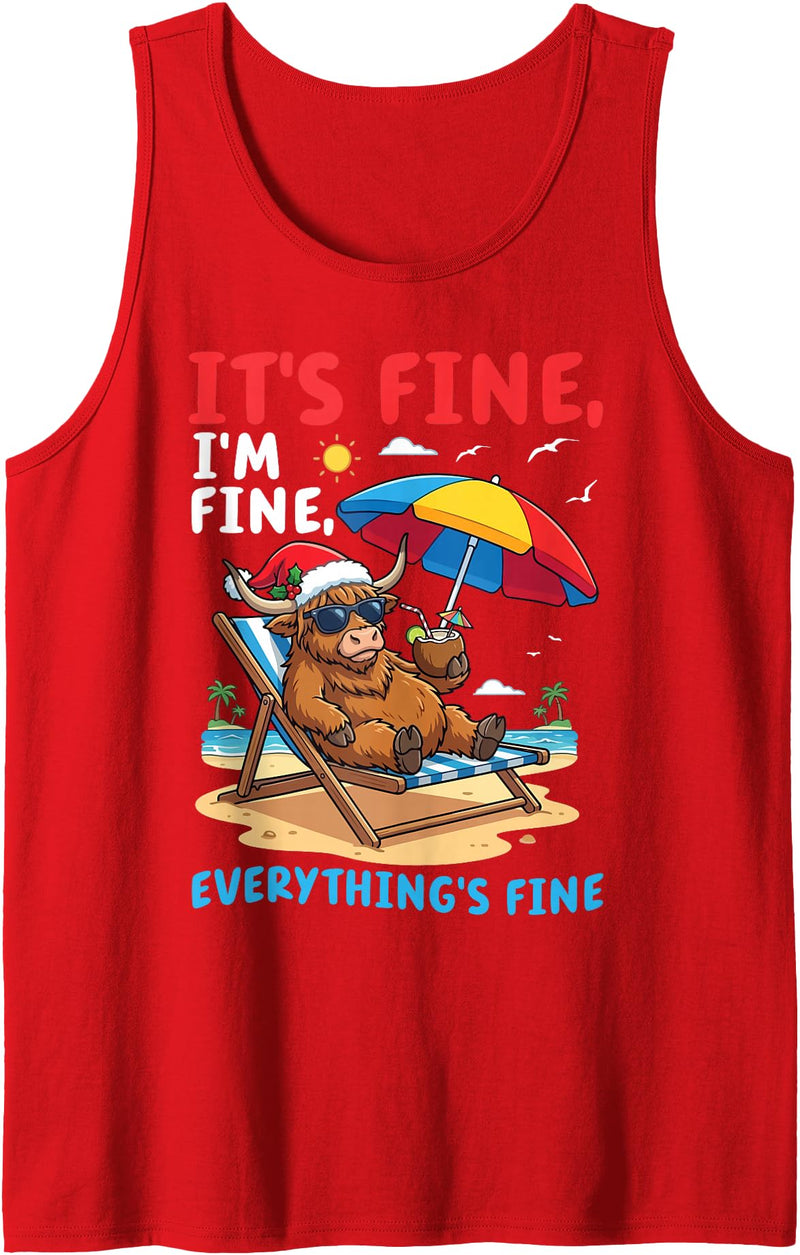 T9Shop Merry Christmas in July Highland Cow Lover Highland Cow Summer Xmas Its Fine Im Fine Everythings Fine Tank Top - Red