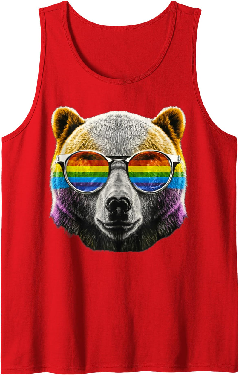 Gay Daddy Bear Funny LGBT Gay Pride LGBTQIA Gifts Mens Gay Bear LGBTQ Rainbow Sunglasses Pride Flag Daddy Bear Tank Top - Red
