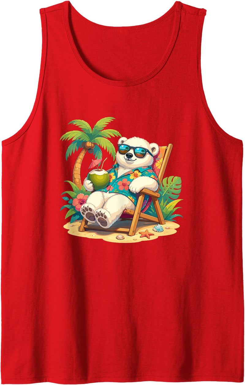 Tropical Polar Bear Summer Beach Vibes Relaxed Polar Bear Hawaiian Shirt Summer Beach Tank Top - Red