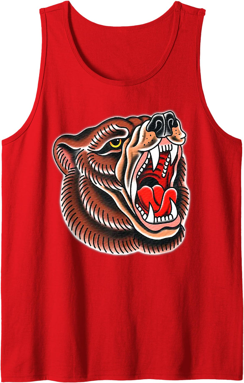 Urban Empyre Grizzly Bear Brown Tattoo Flash Tank Top - Red