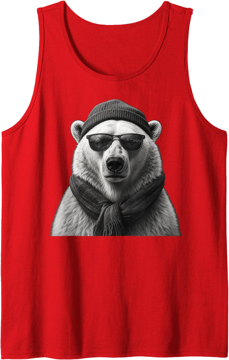 Polar Bear Enthusiast Polar Bear in Sunglasses Monochrome Illustration Tank Top - Red