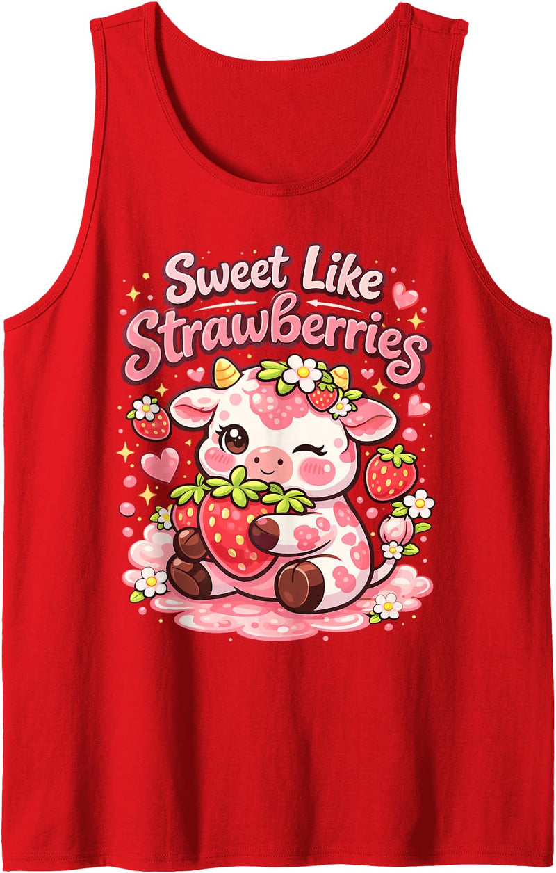 Sweet Like Strawberries Cute Cow Kawaii Fruit Tank Top - Red