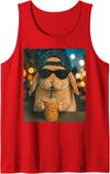 Funny Rabbit Drinking Iced Coffee Bunny Tank Top in Red