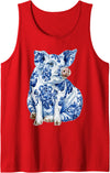 Artistic Blue Floral Animals Art Designs Co Pig with Flowers Chinoiserie Blue Toile Floral Delft Art Tank Top - Red