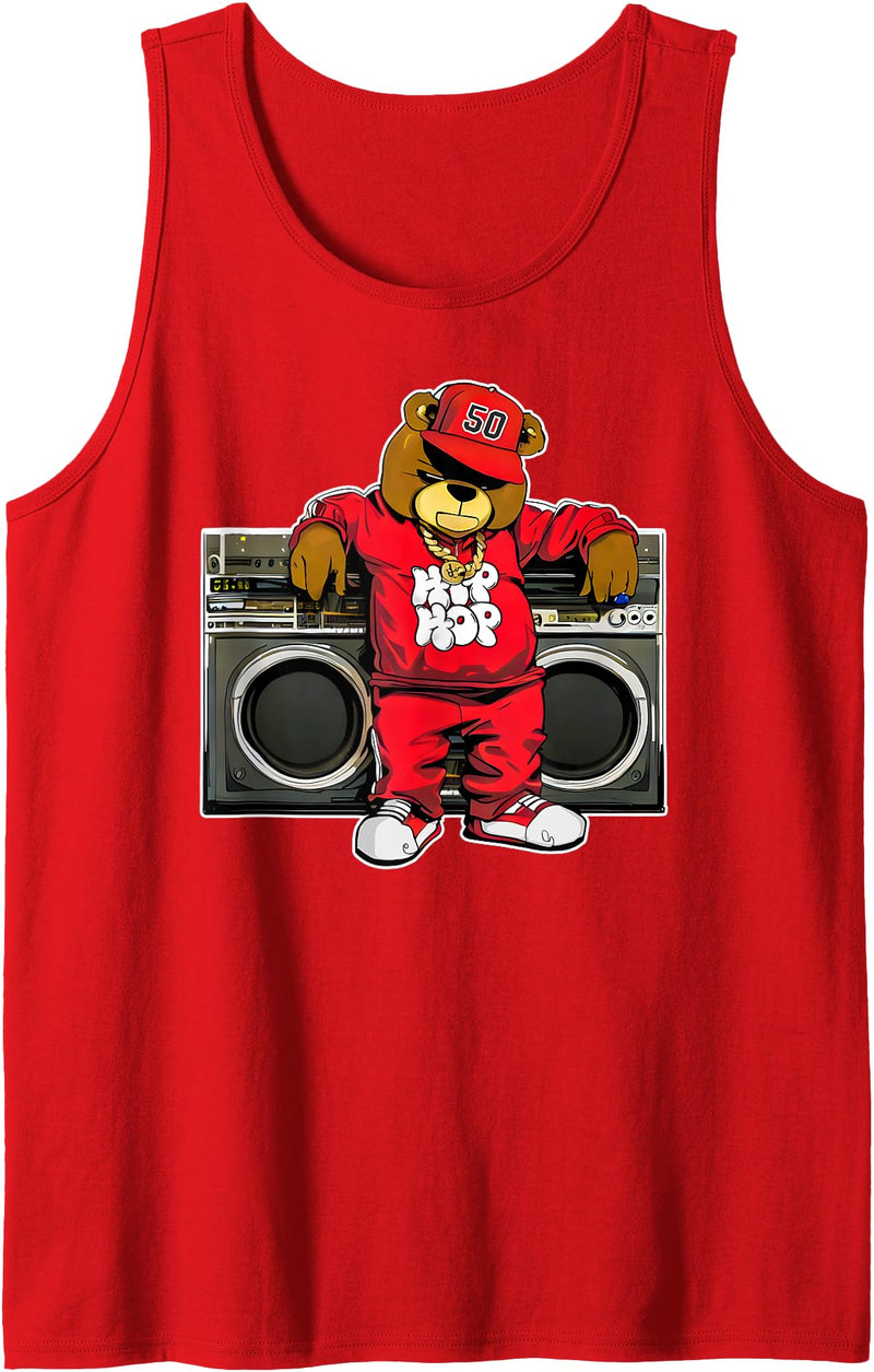 Retro teddy bear hip hop t-shirt for men & women HIP HOP TEDDY BEAR Hip Hop Anniversary Graffiti Boombox Tank Top - Red