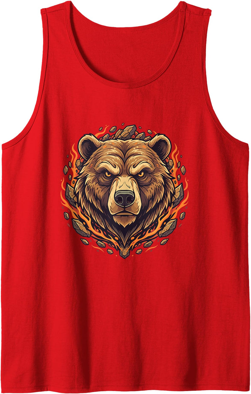 Wild Grizzly Bear Fire Mountain Nature Fiery Grizzly Bear Head Flames Wilderness Tank Top - Red