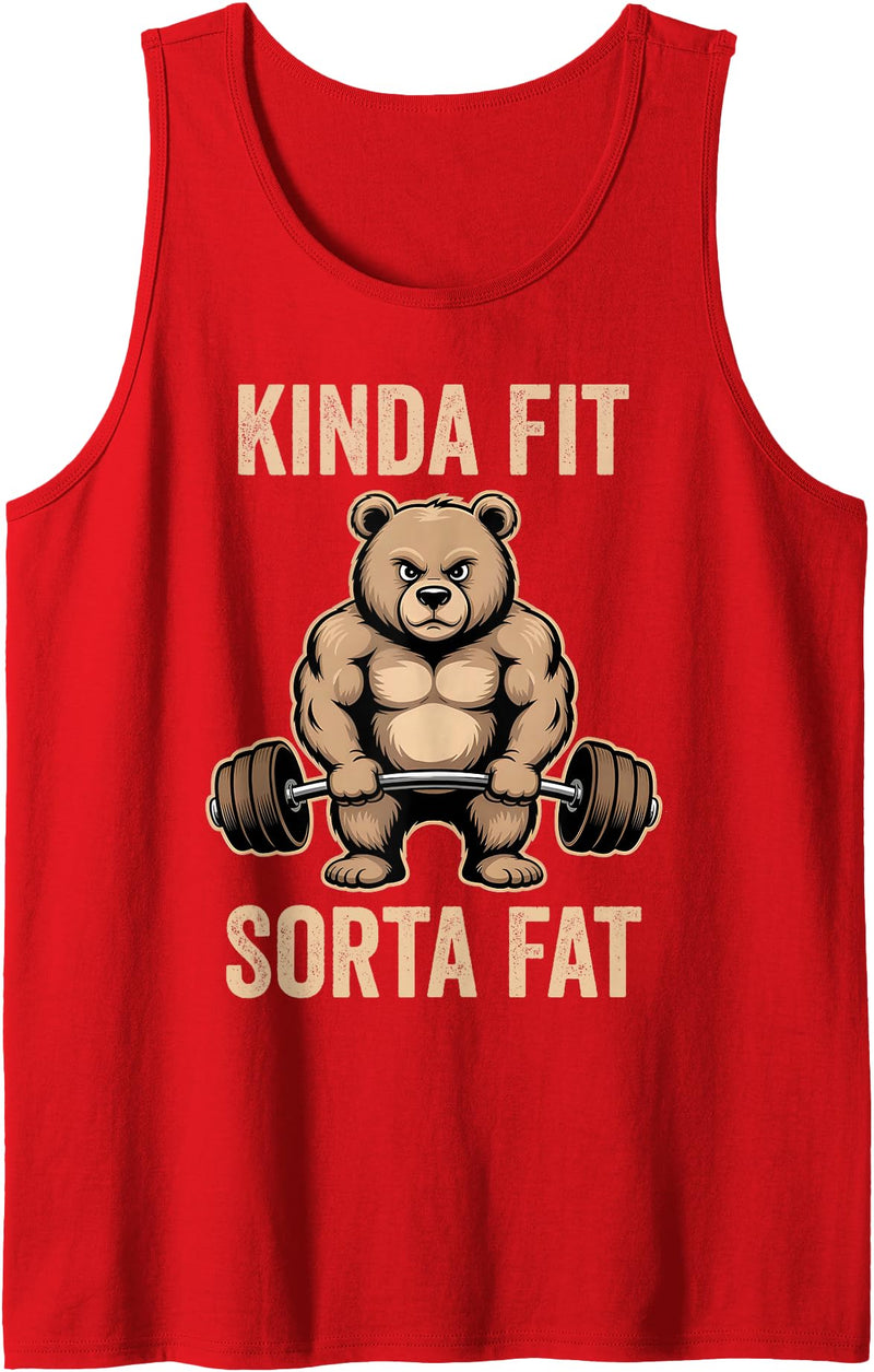 Funny Kinda Fit Sorta Fat Cute Bear Retro Tees Kinda Fit Sorta Fat Funny Bear Weightlifter Workout Gym Tank Top - Red