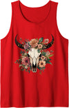 Funny Cow Skull Floral farm Western Country Outfit Boho Cow Bull Skull Flowers Wild west Western Cowgirl Texans Tank Top -
