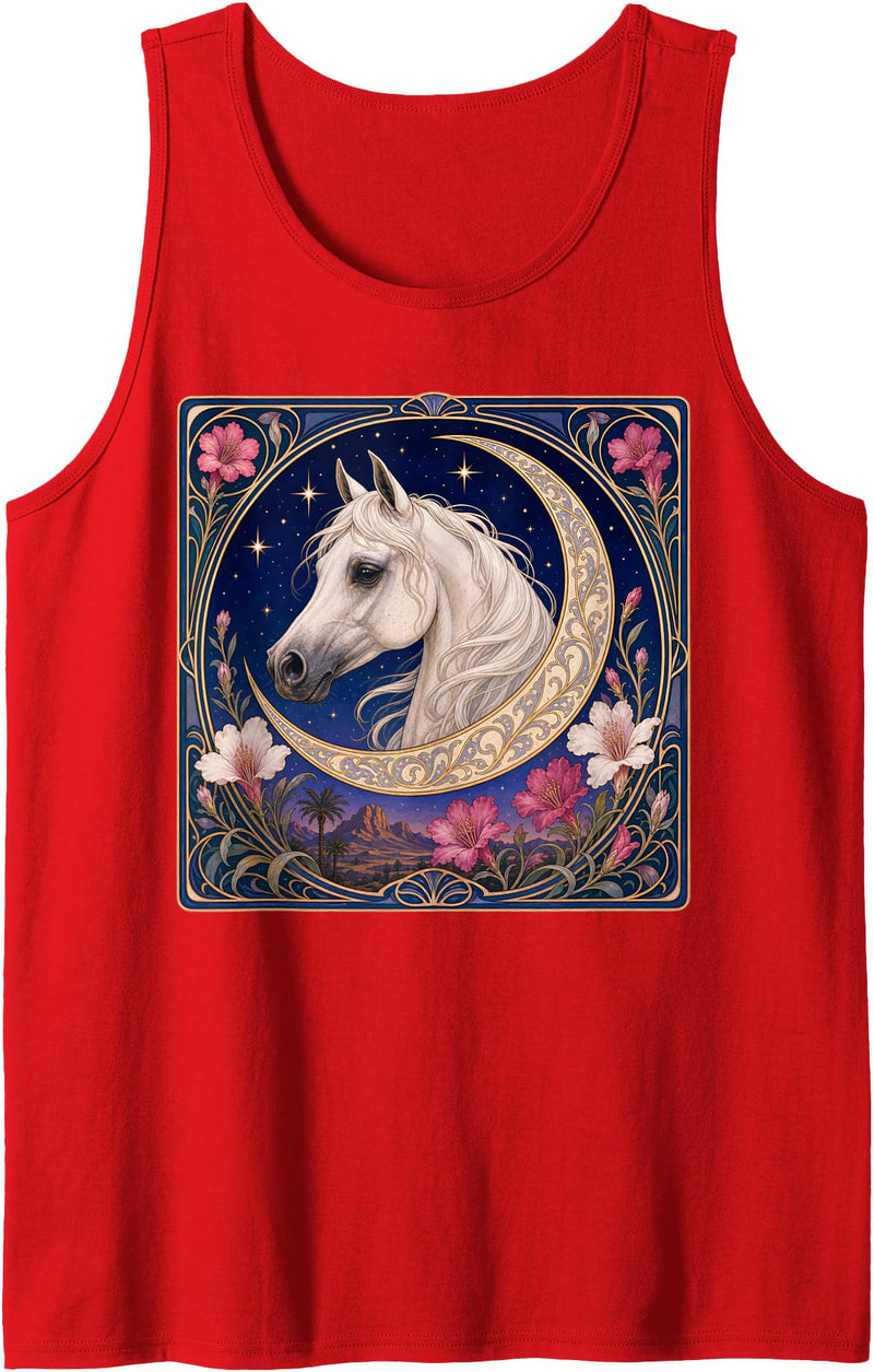 Mystical Equine Designs Arabian Stallion Elegant Art Nouveau White Horse Tank Top - Red
