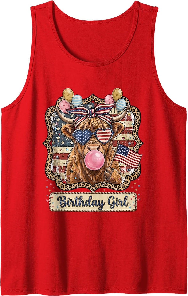 Patriotic Highland Cow Birthday Girl Flag Apparel Patriotic Highland Cow Birthday Girl Flag Design Tank Top - Red