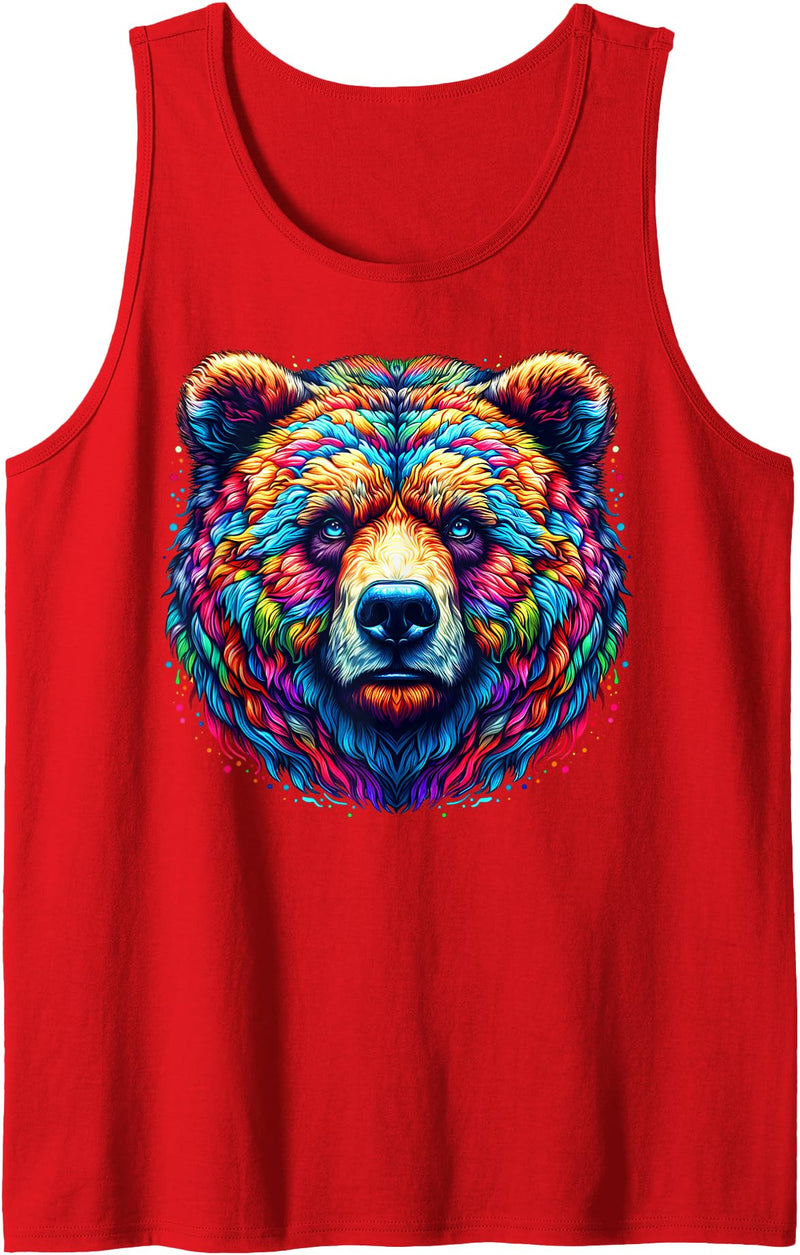Grizzly Bear Illustration Tie Dye Cool Grizzly Bear Spirit Animal Illustration Tie Dye Art Tank Top - Red