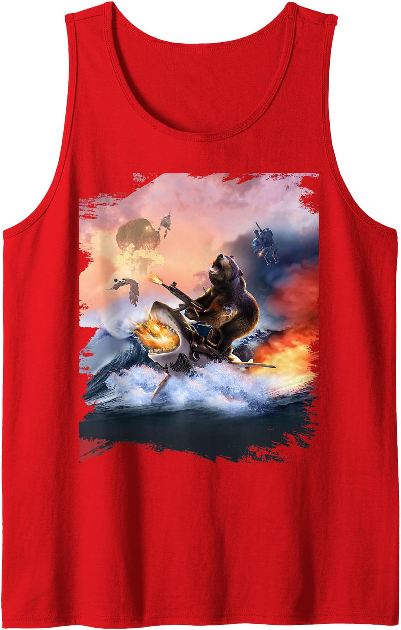Random Galaxy Bear Riding Shark Funny Tank Top - Red
