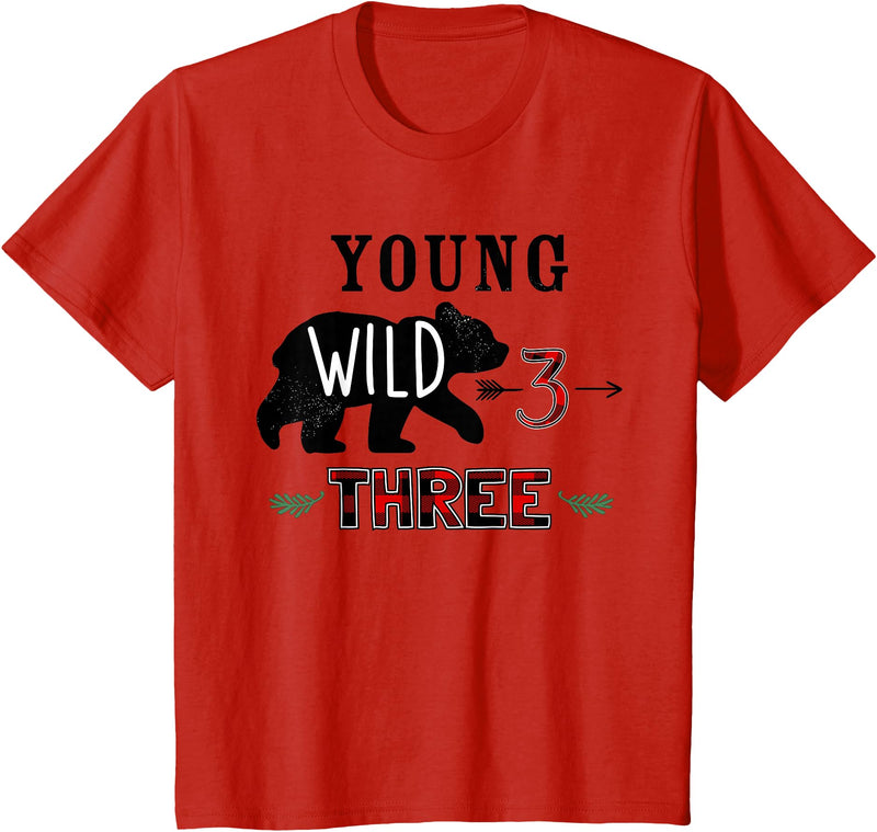 UrbanWear Bear Buffalo plaid Young Wild & Three 3 years 3rd Birthday T-Shirt - Red