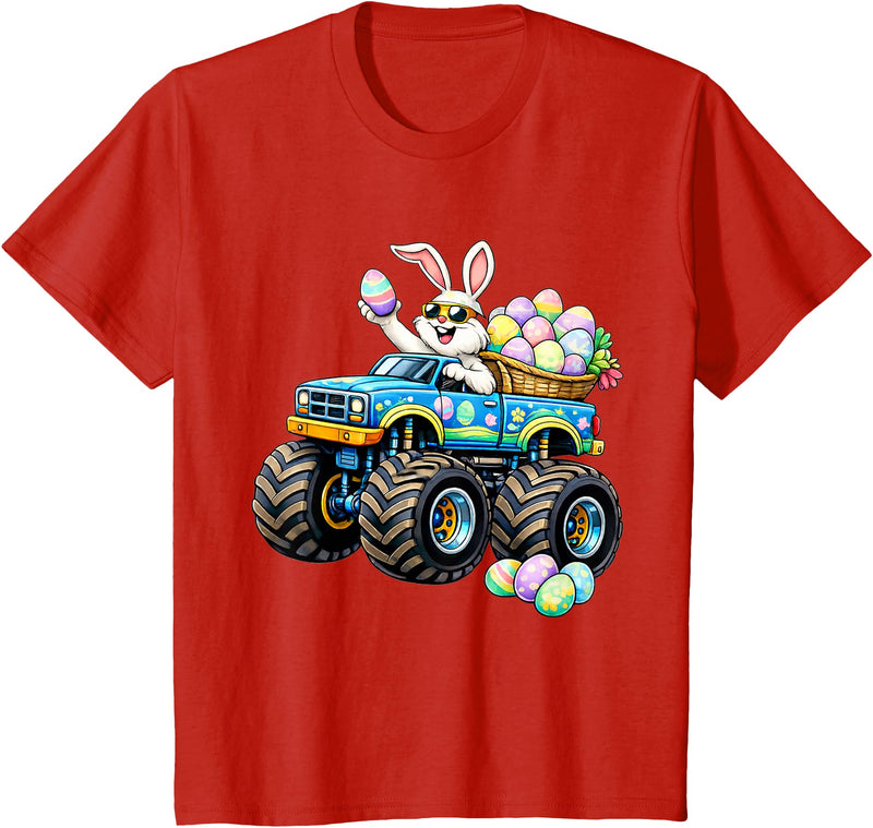 Easter Day Bunny Monster Truck Eggs Rabbit Boys Kids T-Shirt in Red