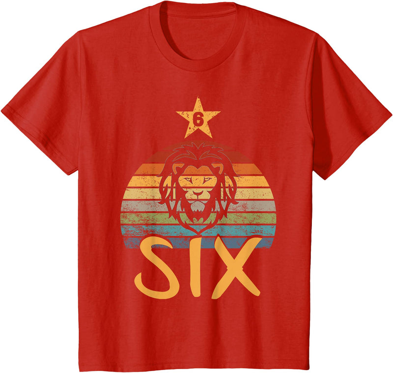 6 Birthday Lion Vintage Design Lion Birthday 6 Year Old Lion 6th Birthday Boy Girl T-Shirt - Red