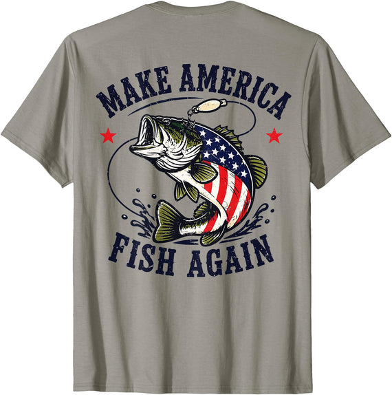 Make America Fish Again Largemouth Bass Patriotic Men Make America Fish Again 4th July Fish Patriotic USA Flag T-Shirt - Slate Grey