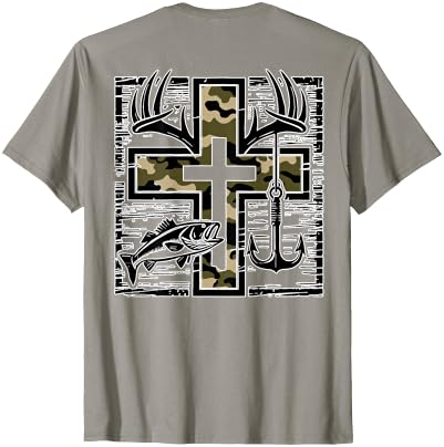 Camo Cross Fishing Faith Christian 2 Sided Hunting Fishing Cross Camo Faith Christian Fisherman Hunter T-Shirt - size chart