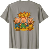 Three Hero Pigs Storytime Legends Bad Wolf in personalized costume 3 Pigs on the back T-Shirt - size chart