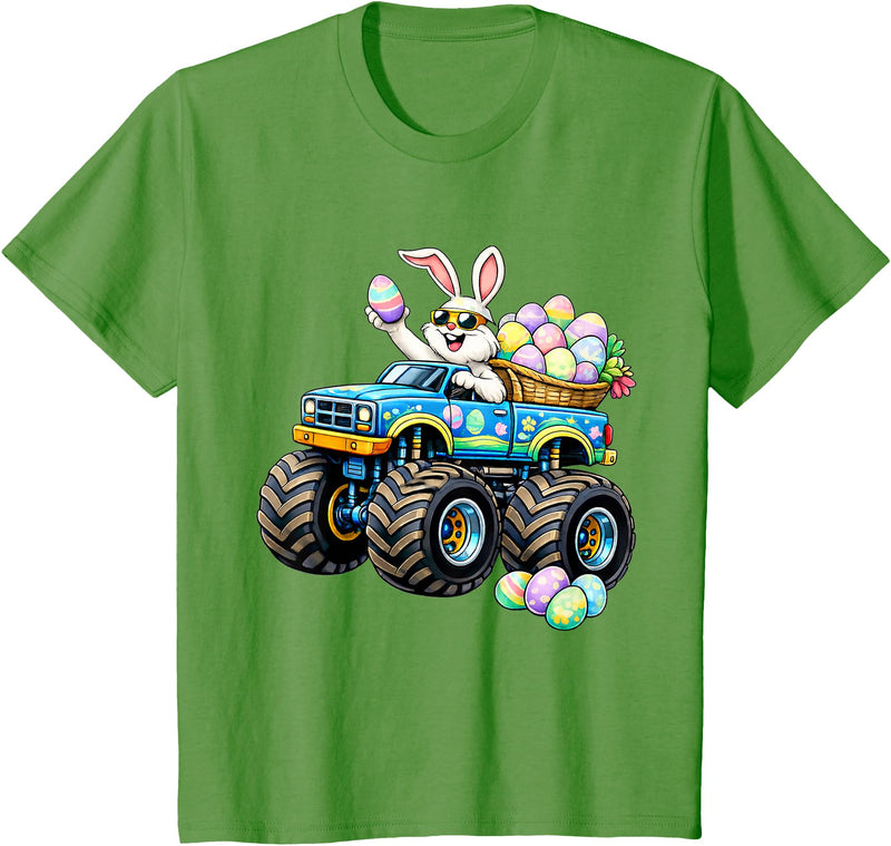 Easter Day Bunny Monster Truck Eggs Rabbit Boys Kids T-Shirt in Grass Green