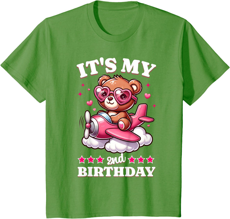 2 Year Old Girl Plane Birthday Party Kids Designs Kids 2nd Birthday Girls Airplane Birthday Party Teddy Bear Plane T-Shirt - Grass Green