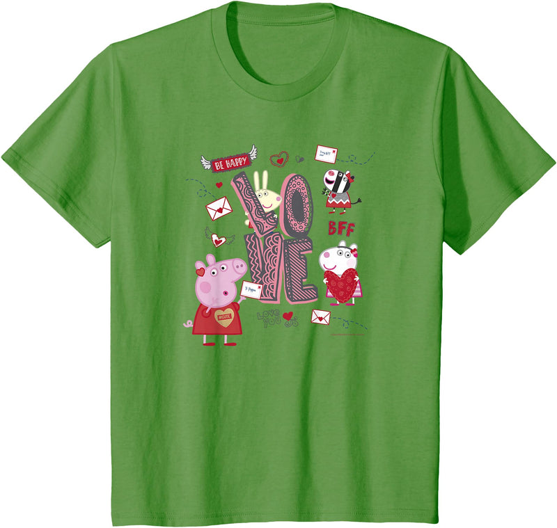 Kids Peppa Pig Valentine's Day Love Be Happy Friends Group Shot T-Shirt - Grass Green