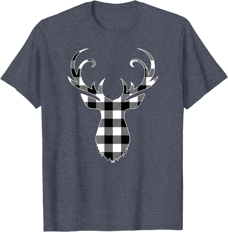 Buffalo Plaid Deer Clothing Co. by AAM Black & White Classic Christmas Buffalo Plaid Deer Head T-Shirt - Heather Blue