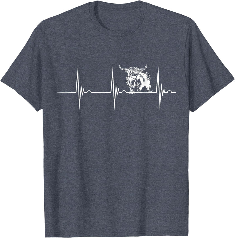 Loveable Highland Cows Hairy Coos Scottish Highland Cow Heartbeat EKG Pulse Highlander Cow T-Shirt - Heather Blue