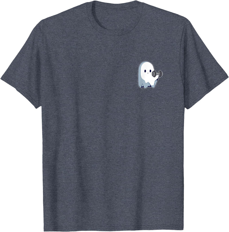 Cute Paranormal Workout Ghost Lifting Dumbbells Ghost Weightlifting Pocket Funny Ghost Workout Halloween T-Shirt - Heather