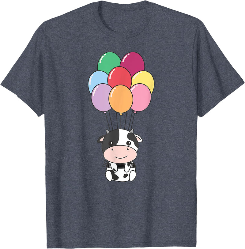 Cute Balloon Animals For Birthday Cow Flies With Colorful Balloons Kawaii Cows T-Shirt - Heather Blue