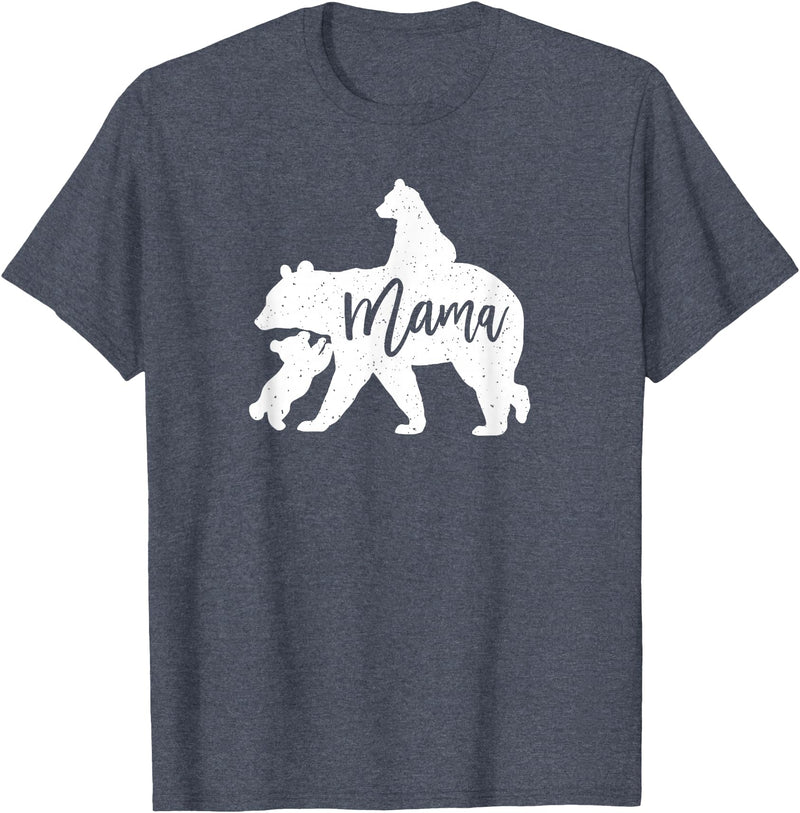 Artsy Mommy Bear Silhouette Nature Family Gifts Mama Bear 2 Baby Bear Cubs Playing Riding on Back T-Shirt - Heather Blue