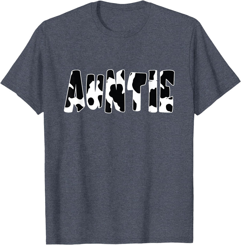 funny saying Gifts for Family Members and more Auntie Cow Print Cow Pattern T-Shirt, Black - Heather Blue
