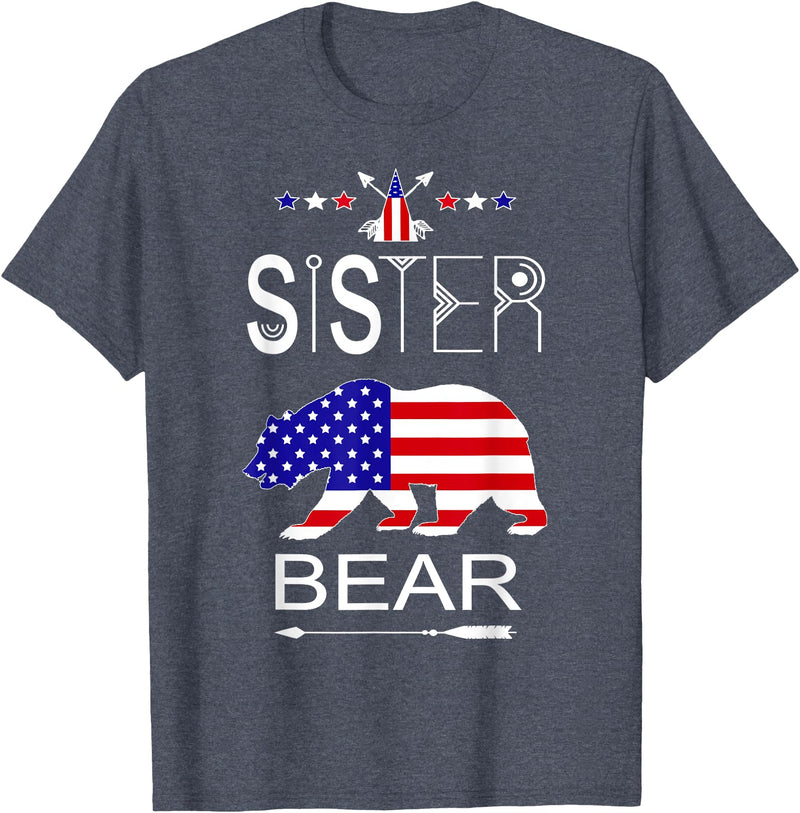 Patriotic Sister Bear Family Fun Sapphire Star Cool Patriotic Sister Bear Matching Family Flag 4th Of July T-Shirt - Heather Blue