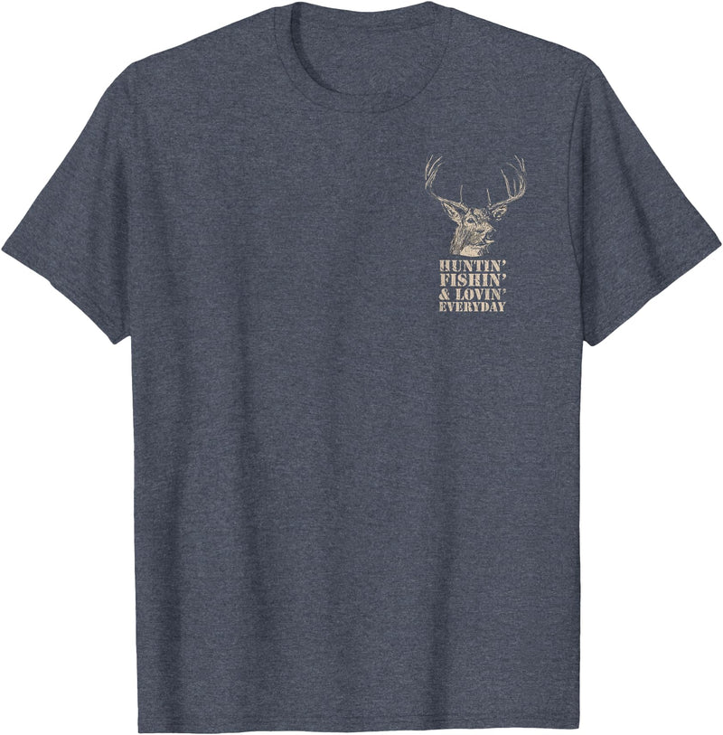 Fishing and Hunting Outdoors Designs Hunting and Fishing American Flag (Design on Front and Back) T-Shirt - Heather Blue