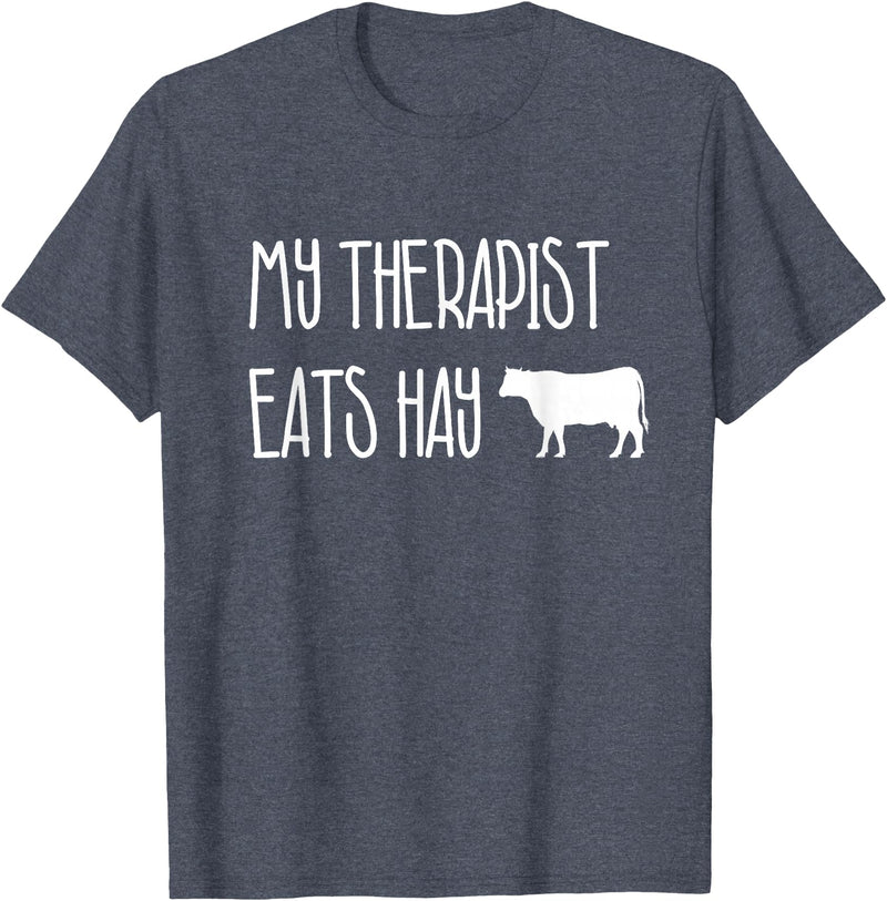Shirtbooth: Animal Lovers Funny Cow Lover Gift: My Therapist Eats Hay Love Cows T-Shirt - Heather Blue