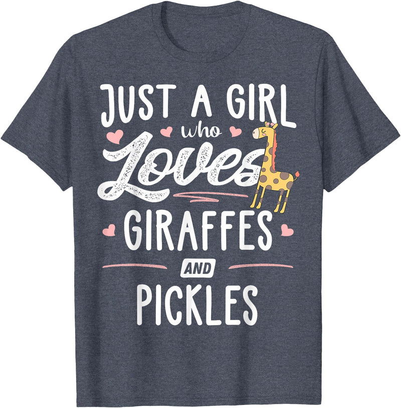 Giraffe Memme Just A Girl Who Loves Giraffes And Pickles Giraffe Gift T-Shirt - Heather Blue