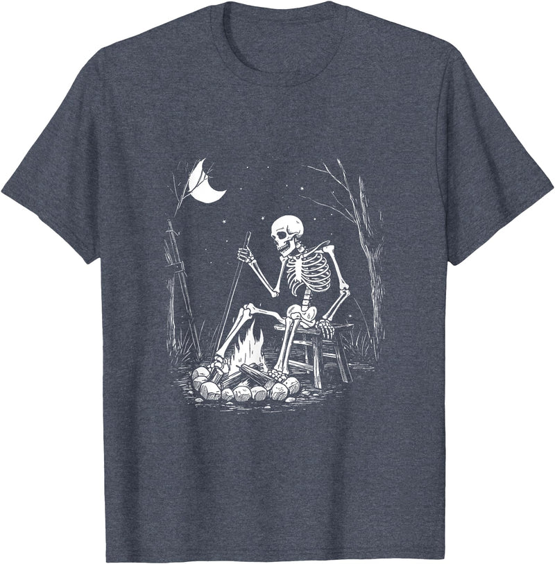 RetroPop Vintage Gear Camping Skeleton Bones Halloween Forest Campfire Graphic T-Shirt - Heather Blue