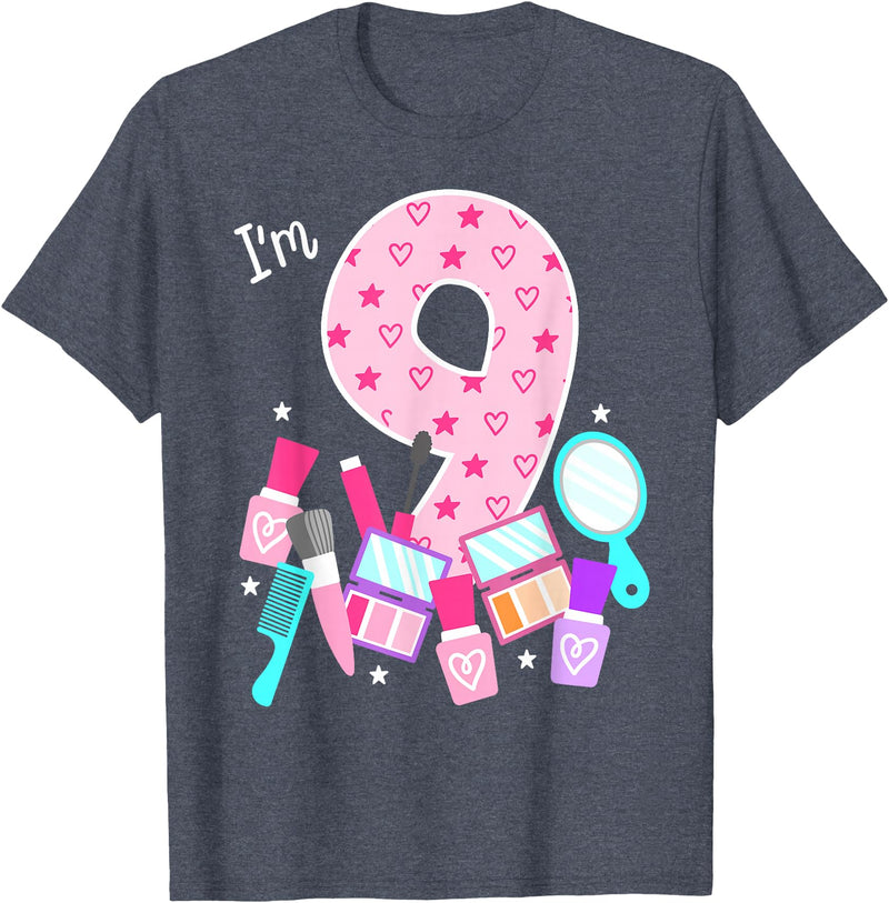 Birthday Girl Spa Squad Outfit Gifts Shop Spa Birthday Party I'm 9 Girls Makeup 9th Bday Kids Toddlers T-Shirt - Heather Blue