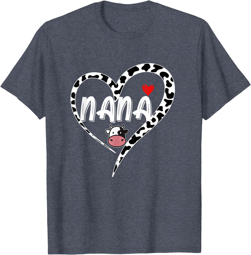 Black White Family Cow Farm Nana Cow Print Cow Heart Pattern Farmer Cows Mother's Day T-Shirt - Heather Blue
