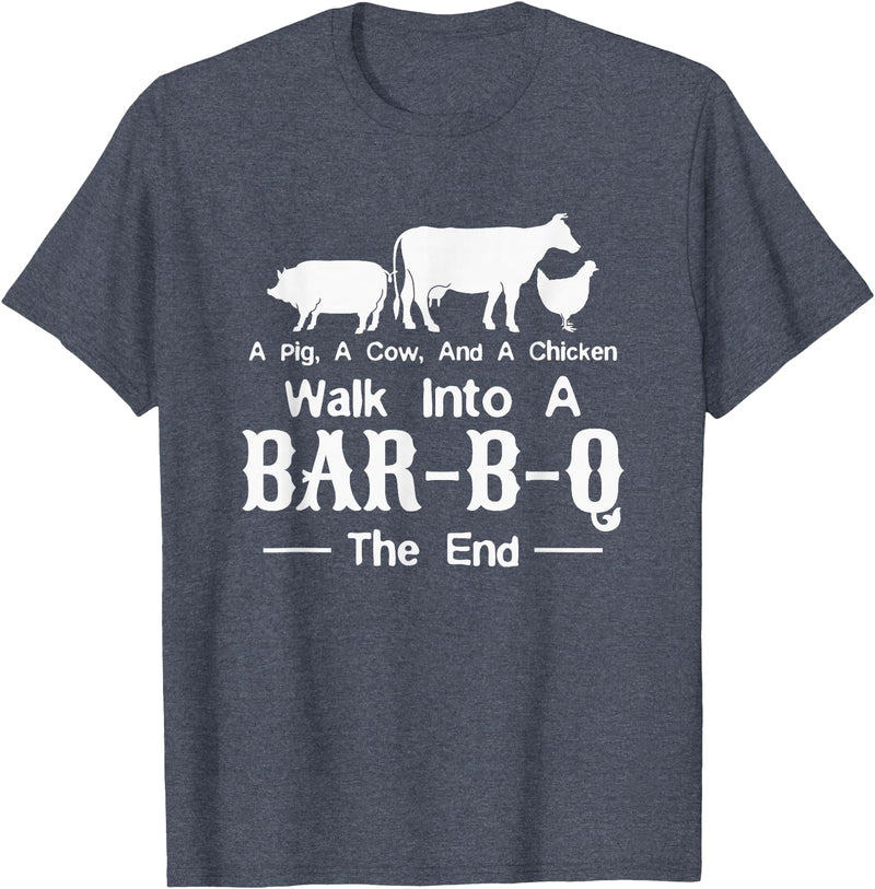 Funny BBQ Gift Tee Apparel A Cow A Pig And A Chicken Walk Into A Bar Funny BBQ Grilling T-Shirt - Heather Blue
