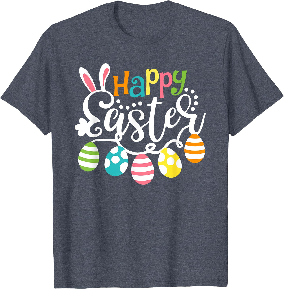 Happy Easter Bunny Rabbit Face Funny Easter Day Women Girls T-Shirt (Black) in Heather Blue
